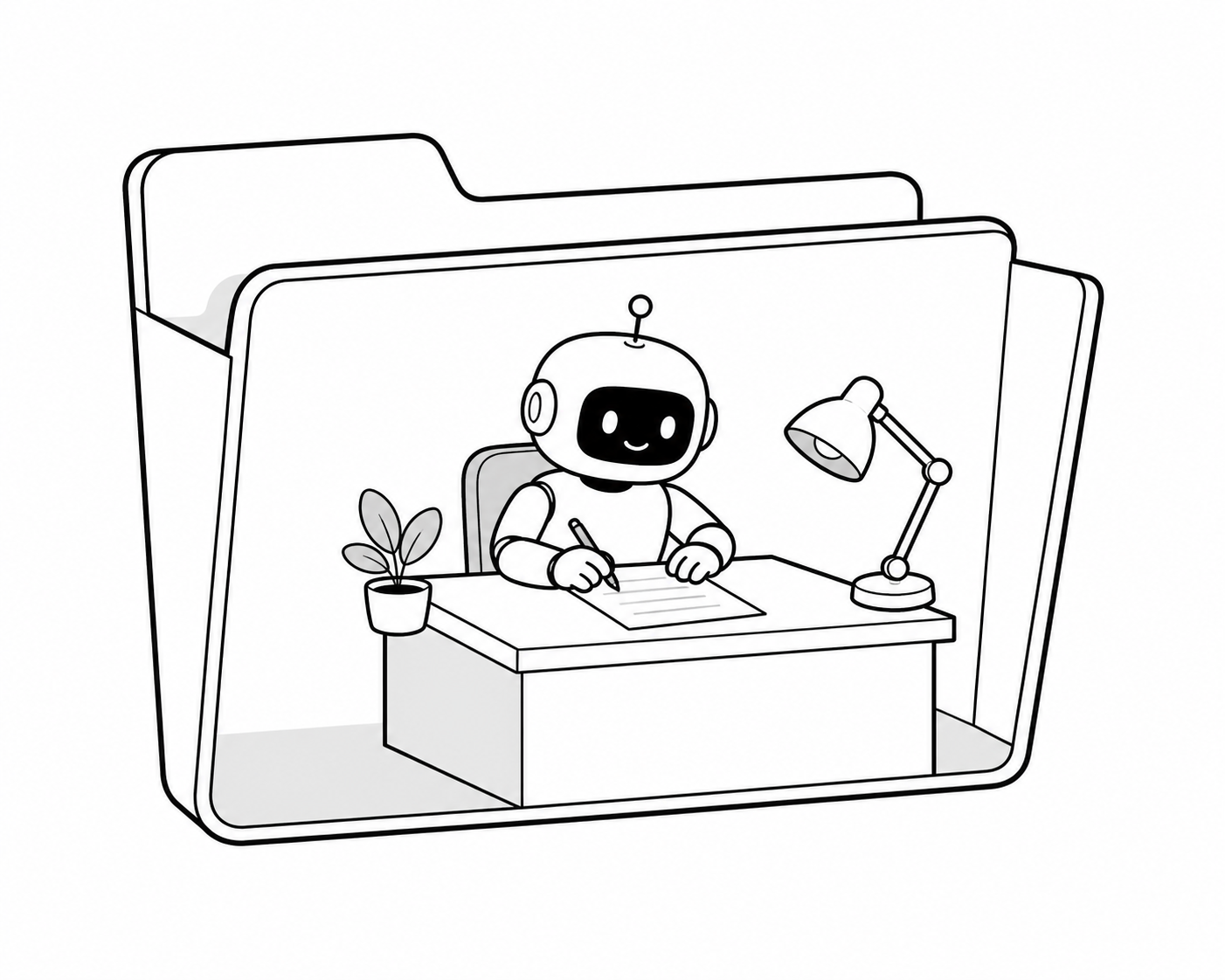 Codex AI 비서가 폴더 모양의 사무실 안에서 일하는 그림
