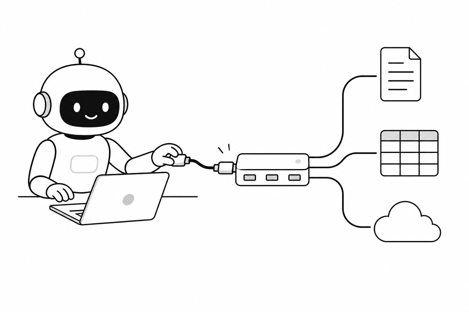 Codex AI 비서가 연결선을 통해 문서, 표, 클라우드와 연결되는 그림
