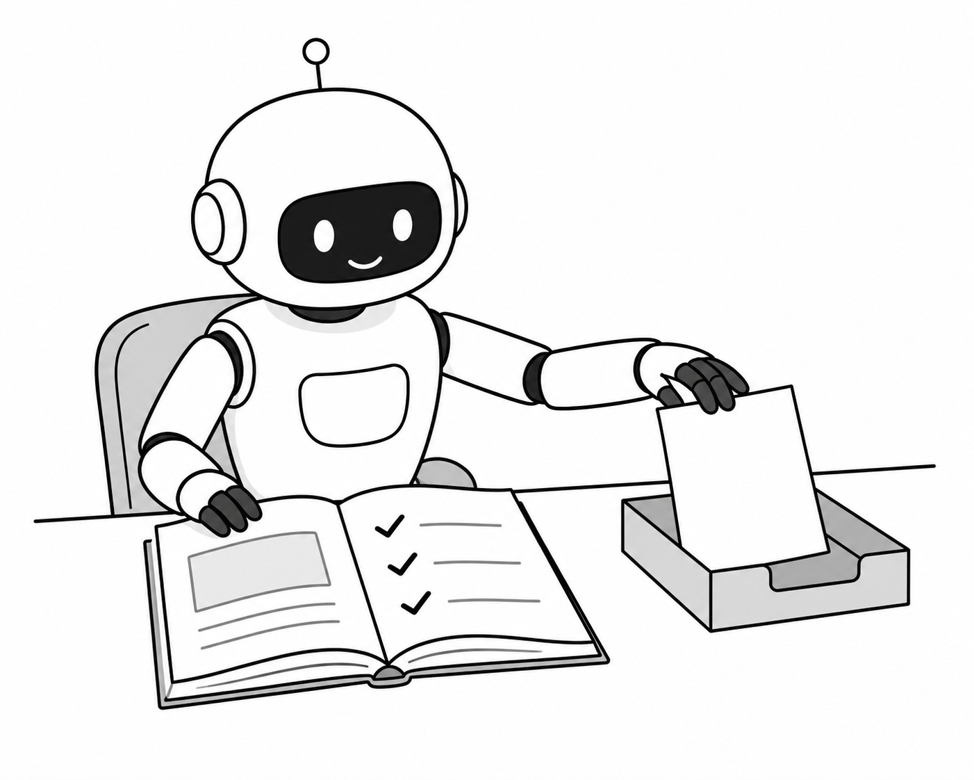 Codex AI 비서가 체크리스트가 있는 업무 매뉴얼을 보며 서류를 정리하는 그림